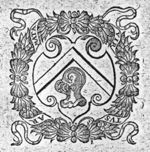 Coat of arms with helmet; wreath with ribbons as frame