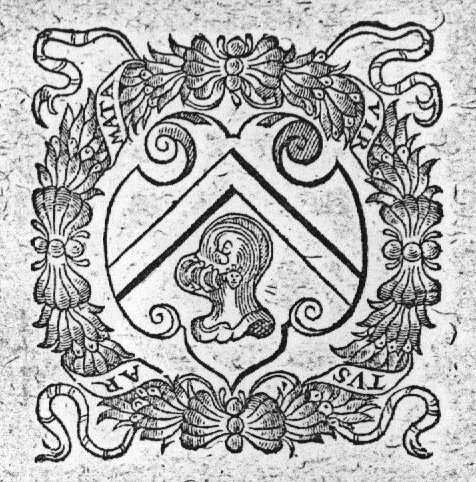 Coat of arms with helmet; wreath with ribbons as frame