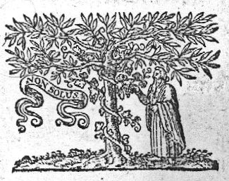 Man picking a bunch of grapes off a vine, winding itself round a tree; banderole