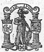 Minerva (Aegis, lance, helmet) as patroness of the University of Leiden, holding an open book; coats of arms of William I of Nassau, the city of Leiden and Holland(?)