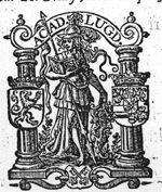 Minerva (Aegis, helmet, lance) holding an open book; attached to the lance is the coat of arms of the city of Leiden (Minerva as patroness of the University of Leiden