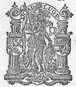 Minerva (Aegis, helmet, lance) holding an open book; attached to the lance is the coat of arms of the city of Leiden (Minerva as patroness of the University of Leiden