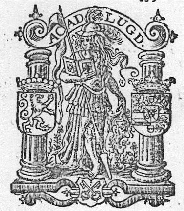 Minerva (Aegis, helmet, lance) holding an open book; attached to the lance is the coat of arms of the city of Leiden (Minerva as patroness of the University of Leiden