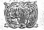 The four evangelists together, writing, the four symbols present; frame decorated with cherub