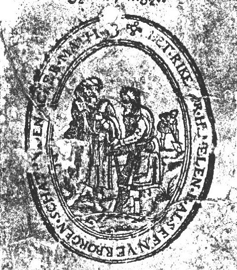 'The Kingdom of Heaven is like treasure hidden in a field': a man digging for a treasure, in the background, and speaking with the man from whom he wants to buy the field, in the foreground