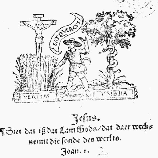 Man - sickle in his belt and wearing a hat - pointing at a cornfield to his right, making a gesture of aversion with his left hand in the direction of a tree, around which is snake is coiled; banderole with inscription
