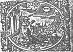 David with outstretched arms, kneeling in front of a building (palace?), singing 'deus meus'; harp on the ground; Jahweh-tetragram; city-view in the background; frame decorated with fruits and mascarons