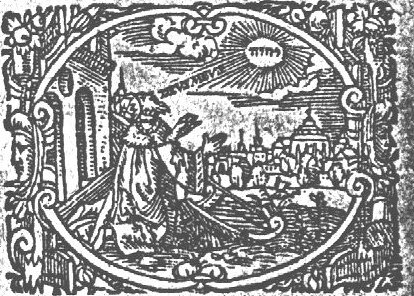 David with outstretched arms, kneeling in front of a building (palace?), singing 'deus meus'; harp on the ground; Jahweh-tetragram; city-view in the background; frame decorated with fruits and mascarons