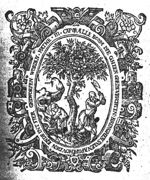 A man cutting a tree with an axe, another man making a fire; frame decorated with foliage
