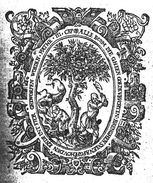 A man cutting a tree with an axe, another man making a fire; frame decorated with foliage