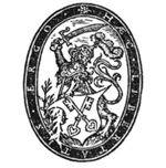 Coat of arms of Leiden, held by a lion, wearing a helmet and holding a sword