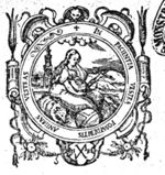 Personification of Patience: a woman seated in a rocky landscape, resting her head against her left hand and holding a crucifix in her right hand. A lamb lying beside her, an orb at her feet; in the background (the tower of) a church; frame decorated with festoons, a lion's head and 'Hausmarke' with the initials "I.R."