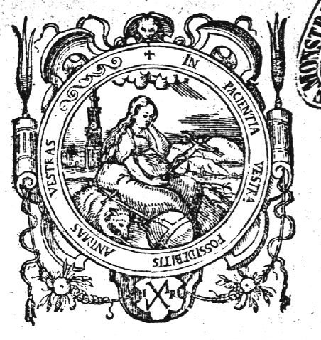 Personification of Patience: a woman seated in a rocky landscape, resting her head against her left hand and holding a crucifix in her right hand. A lamb lying beside her, an orb at her feet; in the background (the tower of) a church; frame decorated with festoons, a lion's head and 'Hausmarke' with the initials "I.R."