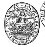 Device of Cambridge University (Press): a pedestal with inscription, with the naked torso of a woman with a mural crown on her head; milk flowing from her breasts; both arms extended: on the right hand a sun, on her left a cup into which drops fall from the clouds. Shrubs (young olive-shoots?) to either side of the pedestal.