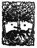 An axe at the foot of a tree in a landscape; decorated frame partly consisting of a banderole with inscription