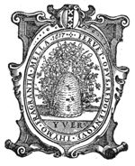 A beehive overgrown by a flowering sweet-brier (eglantine) and thyme, encircled by a swarm of bees; decorated frame, with coat of arms of Amsterdam