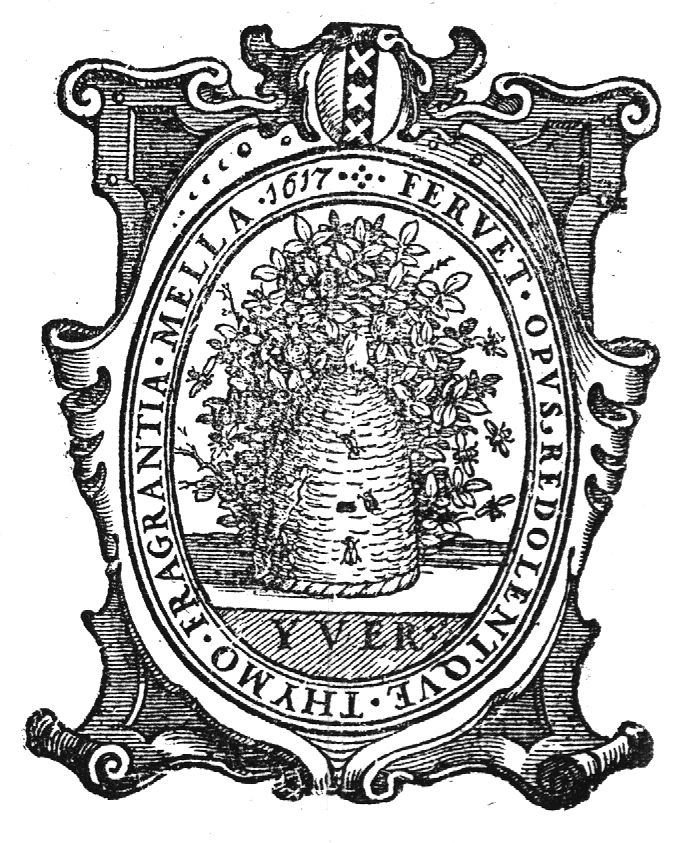 A beehive overgrown by a flowering sweet-brier (eglantine) and thyme, encircled by a swarm of bees; decorated frame, with coat of arms of Amsterdam
