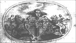 Landscape with hills and a river; heraldic lions holding a coat of arms with a cherub (head with wings) on top of it