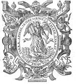 An angel holding a scythe and an open book; vine and thistle on the ground; composite frame decorated with vases, women with palm-branches, mascarons and festoons