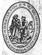'The Kingdom of Heaven is like treasure hidden in a field': a man digging for a treasure, in the background, and speaking with the man from whom he wants to buy the field, in the foreground