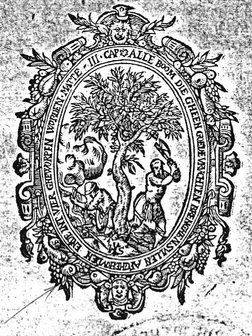 A man cutting a tree with an axe, another man making a fire, 'Hausmarke' with initials "I.S."; frame decorated with festoons, mascaron and lion's head