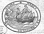 Sailing-ship under way; Christ appears in the clouds; a bright sun is partly hidden by the clouds