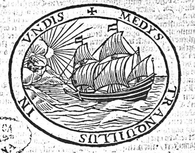 Sailing-ship under way; Christ appears in the clouds; a bright sun is partly hidden by the clouds