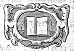 Open book in cartouche in a decorated frame of abstract plant forms