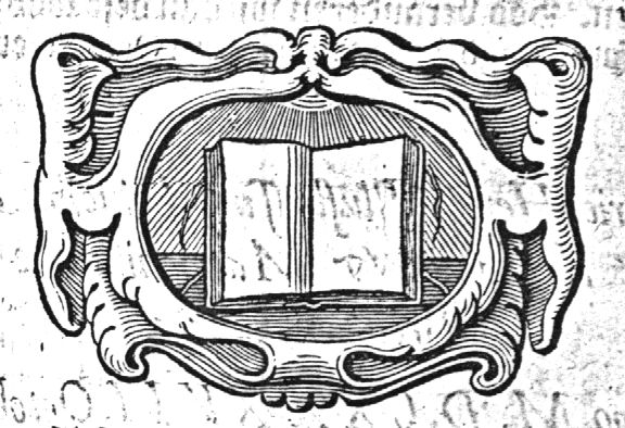 Open book in cartouche in a decorated frame of abstract plant forms