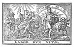 A many-breasted woman (Cybele, Nature, Earth?), holding a Cornucopia and pointing upward with raised arm, is riding a lion which is led by a man with a spade and a scythe across his shoulder; following them is a second woman carrying a basket with agricultural products(?)(Ops?); behind the man a plough is pulled by oxen; a zodiac with the following signs: Leo, Scorpio, Libra, and Aquarius; sun and moon(?); hilly landscape; some flowers