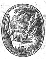 Bears in a forest, (Dutch: 'beren in een woud') one of them climbing a tree; decorated frame