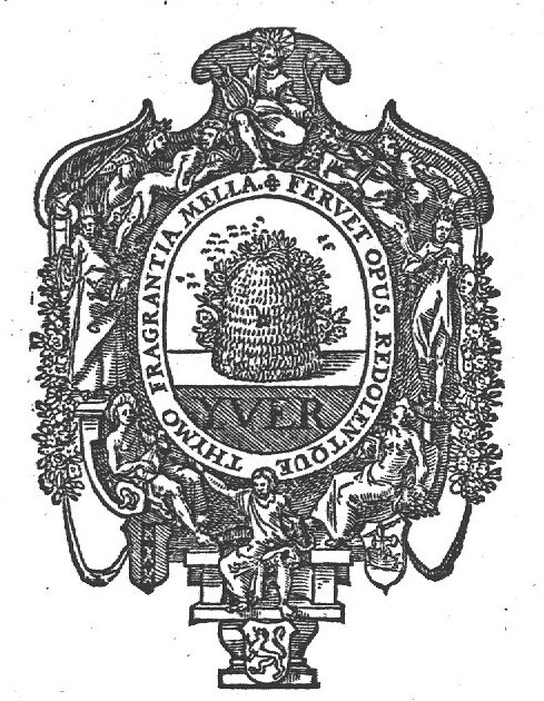 A beehive against a background of thyme and roses, encircled by a swarm of bees; decorated frame with Apollo (lyre, bow and sun/halo) and the Muses; festoons of flowers; the coats of arms of Amsterdam, Holland, and a coat of arms with a sailing-ship