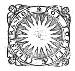 Symbol of Utrecht university: coat of arms (erased) surrounded by the sun; frame decorated with cherubs on the four corners