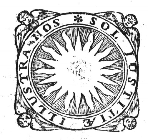 Symbol of Utrecht university: coat of arms (erased) surrounded by the sun; frame decorated with cherubs on the four corners