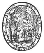 At the edge of the wood a preacher (John the Baptist), enclosed by a small balustrade, is addressing a small crowd; a city or village in the background