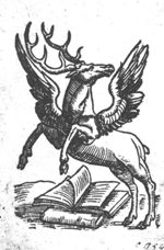 Winged deer, jumping over a set of books, one closed, one open