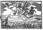 Flying woman with wings at the shoulder, blowing a trumpet and holding a palm-branch (Fame); waterscape