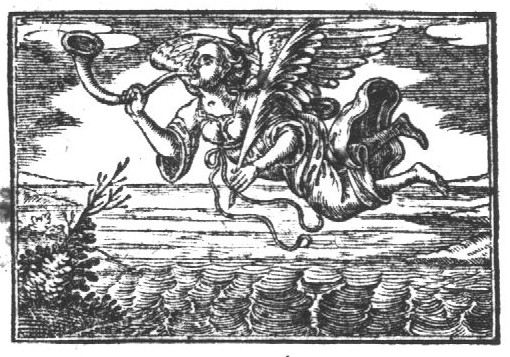 Flying woman with wings at the shoulder, blowing a trumpet and holding a palm-branch (Fame); waterscape