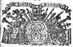 Decorated monogram "A.B."(?)surrounded by a palm-branch and a laurel-branch; various attributes: hourglass with wings, map, globe, books, Jacob's staff, a standard, a sword, a battering ram(?), trophy, a lyre, geometrical drawing, a printing press; banderole with inscription