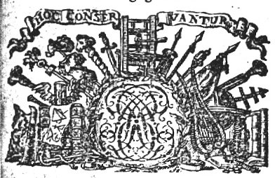 Decorated monogram "A.B."(?)surrounded by a palm-branch and a laurel-branch; various attributes: hourglass with wings, map, globe, books, Jacob's staff, a standard, a sword, a battering ram(?), trophy, a lyre, geometrical drawing, a printing press; banderole with inscription
