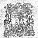 Two men at the foot of a tree; one is holding an axe(?); hybrid beings of mixed human and animal shape; a jester's(?) mascaron