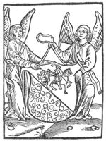 Two angels holding a coat of arms of Utrecht cathedral(?), half of which shows St. Martin dividing his cloak