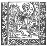 St. Martin divides his cloak (i.e. the charity of St. Martin): he is on horseback, cutting his cloak with his sword, held at the other end by a beggar who leans on a crutch and has a wooden leg below the knee; a landscape with a castle in the background; a tree. Frame with floral ornament