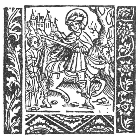St. Martin divides his cloak (i.e. the charity of St. Martin): he is on horseback, cutting his cloak with his sword, held at the other end by a beggar who leans on a crutch and has a wooden leg below the knee; a landscape with a castle in the background; a tree. Frame with floral ornament