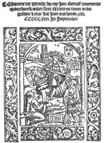 St. Martin divides his cloak (i.e. the charity of St. Martin): he is on horseback, cutting his cloak with his sword, held at the other end by a beggar who leans on a crutch and has a wooden leg below the knee; a second beggar holds up a plate; a city-view of Utrecht(?) in the background; the 'dextera Dei' appears from the clouds; frame with branches and flowers, and hybrid human-animal shapes; a coat of arms with three wheels; 'Hausmarke' with initials "I.B."