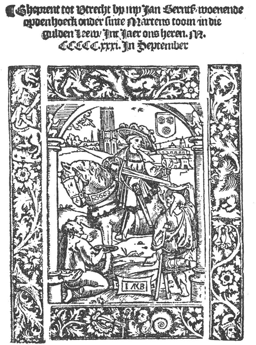 St. Martin divides his cloak (i.e. the charity of St. Martin): he is on horseback, cutting his cloak with his sword, held at the other end by a beggar who leans on a crutch and has a wooden leg below the knee; a second beggar holds up a plate; a city-view of Utrecht(?) in the background; the 'dextera Dei' appears from the clouds; frame with branches and flowers, and hybrid human-animal shapes; a coat of arms with three wheels; 'Hausmarke' with initials "I.B."