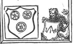 A lion holding a shield with 'Hausmarke' and initials "I.B."; coat of arms with three wheels