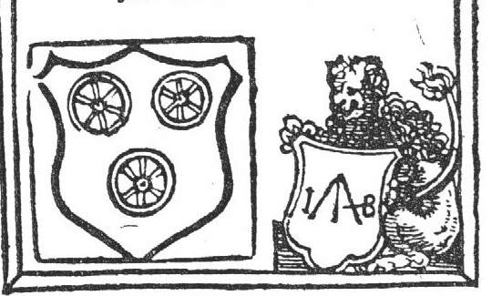 A lion holding a shield with 'Hausmarke' and initials "I.B."; coat of arms with three wheels