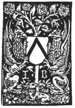 Two griffins holding a shield with 'Hausmarke' hanging from a flowering rose-bush; a dog with a collar is lying in front of it; initials "I.B."