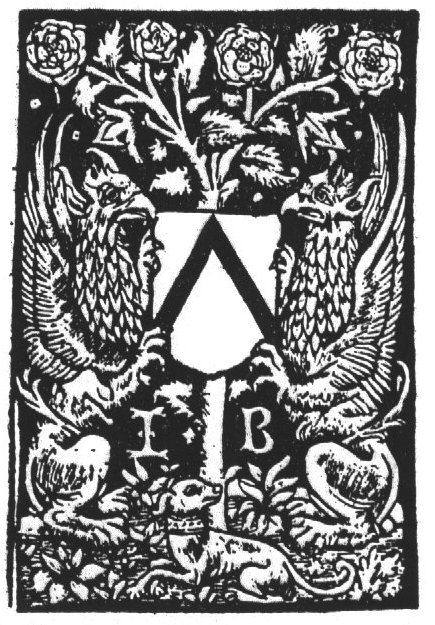 Two griffins holding a shield with 'Hausmarke' hanging from a flowering rose-bush; a dog with a collar is lying in front of it; initials "I.B."